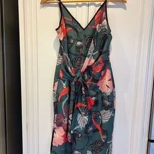 NWT. Adelyn Rae Floral Wrap Dress in green, red, pink, black & white. Size XS